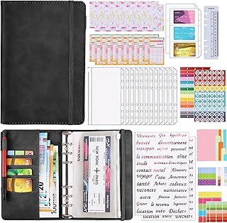 Classeur Budget A6 Envelope 12 PVC 24 Feuilles Budget 2 Pochettes pour Cartes 2 Autocollants Français Pour Bureau Maison,Noir